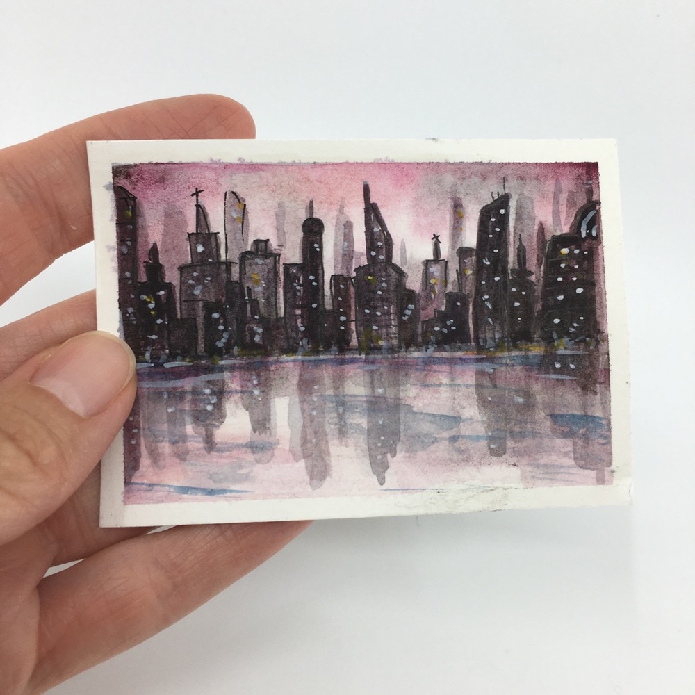 ACEO Miniature City Skyline Watercolor Painting Signed Original Art 2.5” x 3.5”